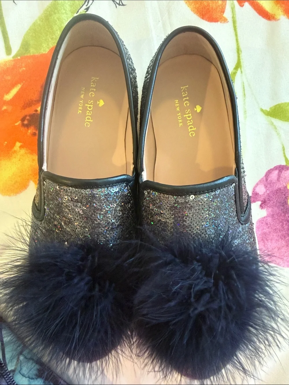 kate spade Black Sparkle Pom Slip-On Sneakers